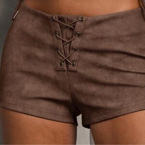 Brown Lace-Up Suede Shorts